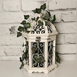 White Birdcage Decor w/ Faux Ivy Vine Cottagecore Shabby Chic Centerpiece